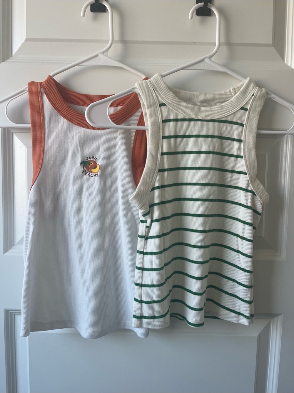Womens Sleeveless Tank Top set — White with Rust Trim & White Green Stripes S,XS